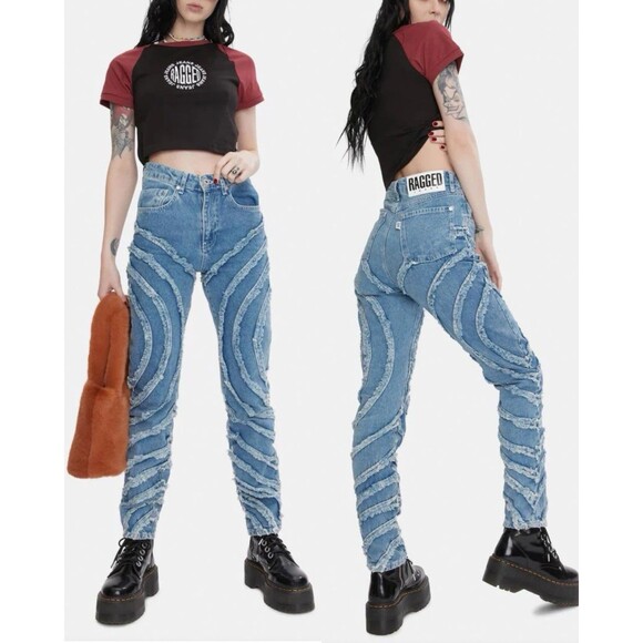 The Ragged Priest Gaze Mom Jeans 30 Circle Panel Frayed Edgy ASO Dixie D’Amelio - Picture 1 of 13